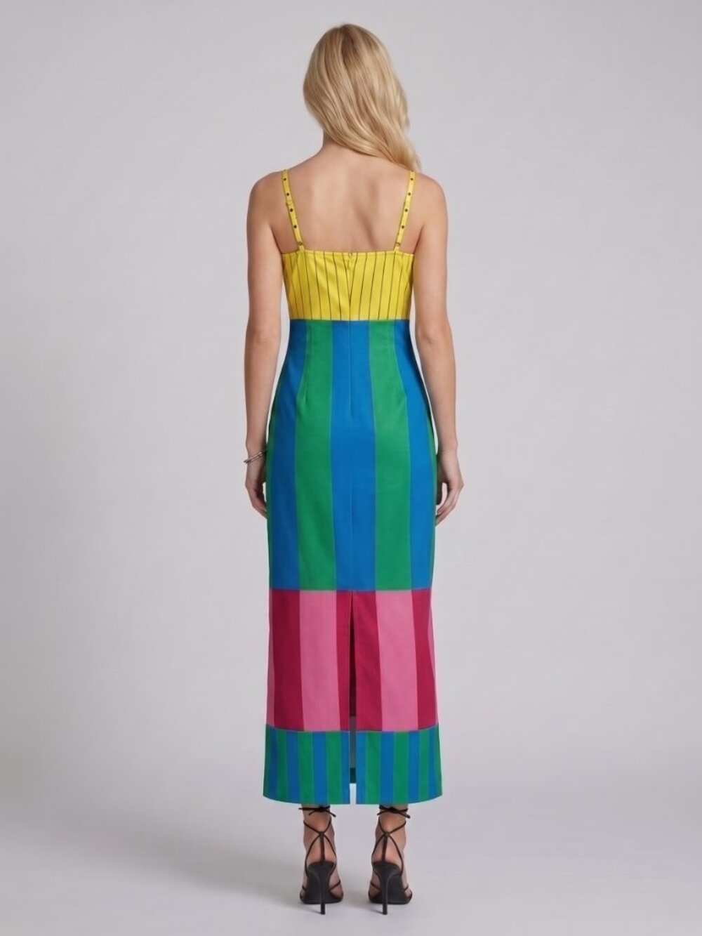Women's Colorblock Striped Bodycon Maxi Dress Spaghetti Strap Slit Zipper Summer - Picture 2 of 3